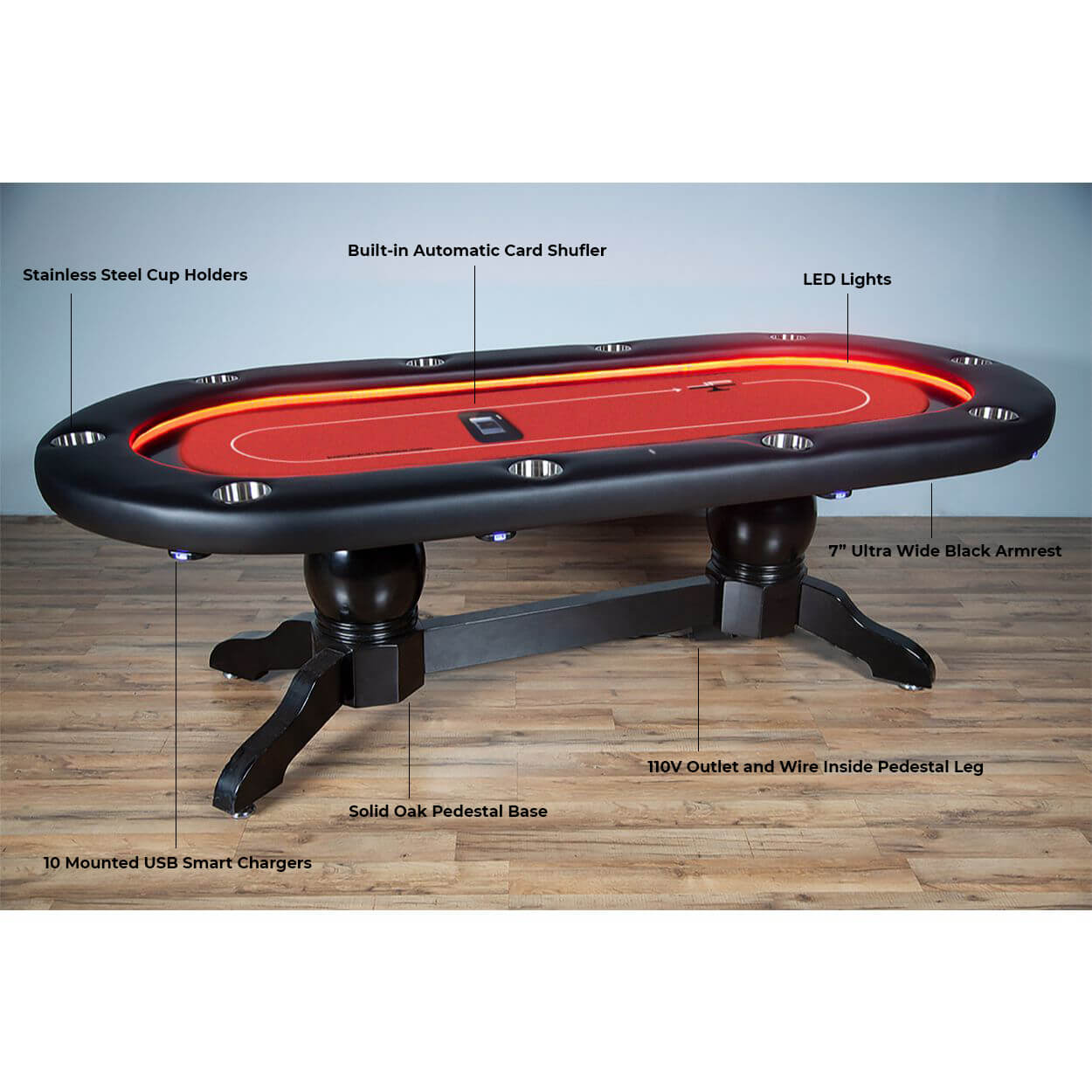 LED Oval Poker Table w/ Built-in Card Shuffler for 10 Person - Just Poker Tables